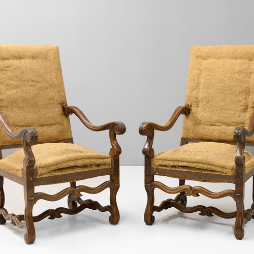 Pair Of Walnut Square Back Armchairs