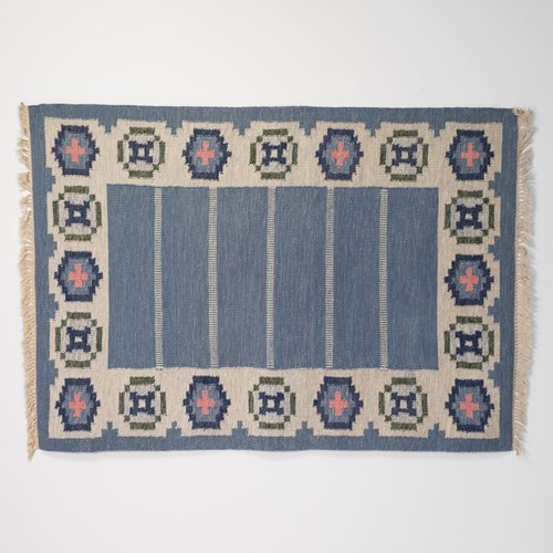 Mid-Century Swedish Kilim In Blue And Cream