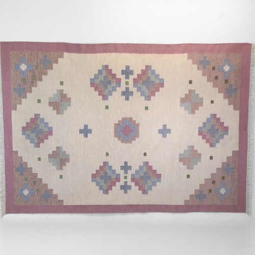 Very Large Mid-Century Swedish Kilim In Tones Of Pink And Cream
