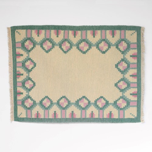Mid-Century Swedish Kilim In Tones Of Green And Pink