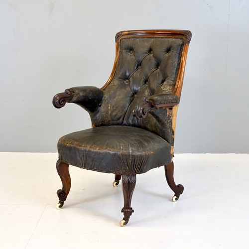 Carved Rosewood Armchair In Aged Leather