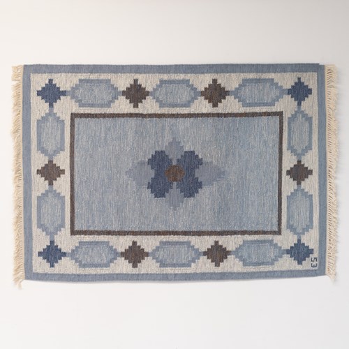 Mid-Century Swedish Kilim In Blues And Browns