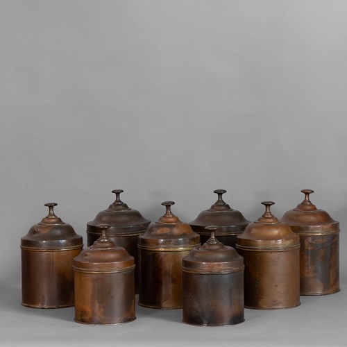 Set Of 8 Lidded Copper Canisters