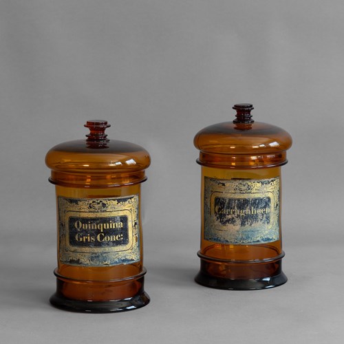 Pair Of French Amber Glass Apothecary Jars