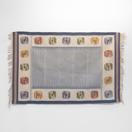 Mid-Century Swedish Kilim In Tones Of Blue And Cream 