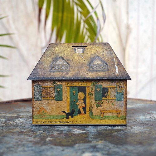 Crawford & Sons Ltd Tin Biscuit Barrel Money Box; 'Bicky House' By Mabel Atwell