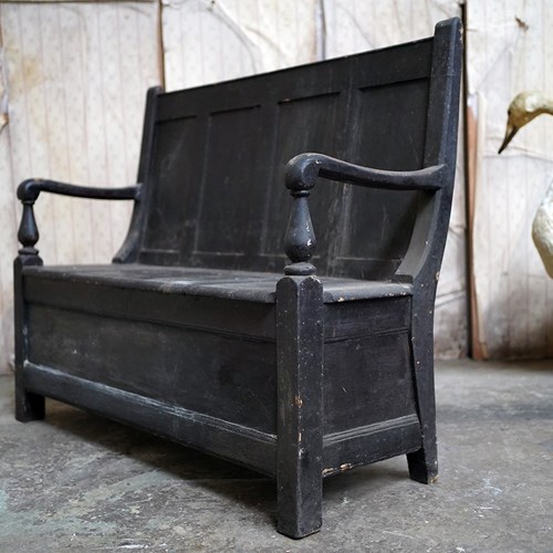 Late 19Thc Provincial Black Painted Pine Box Settle C.1880