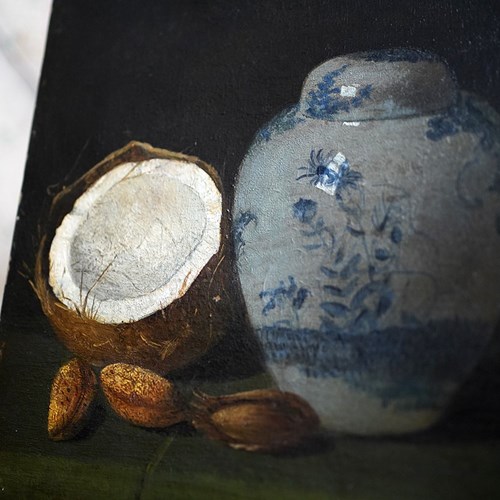 Early 20Thc British School Oil On Canvas Still Life Of A Coconut & Ginger Jar