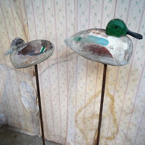Pair Of Early 20Thc Folk Art Painted Decoy Ducks On Stands C.1910-20