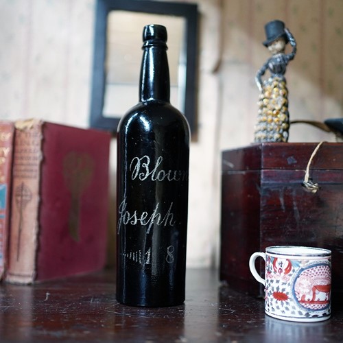 Engraved Glass Wine Bottle; Blown by Joseph Brown