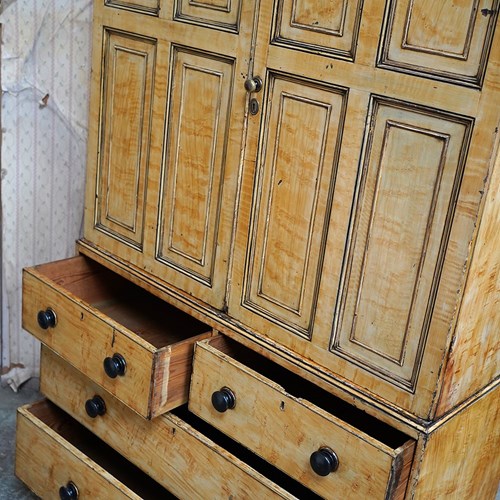 Early 19Thc Regency Painted Pine Press Cupboard Simulating Figured Maple C.1820