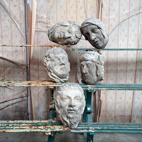 Group Of Five Stone Architectural Head Fragments C.1870-1900