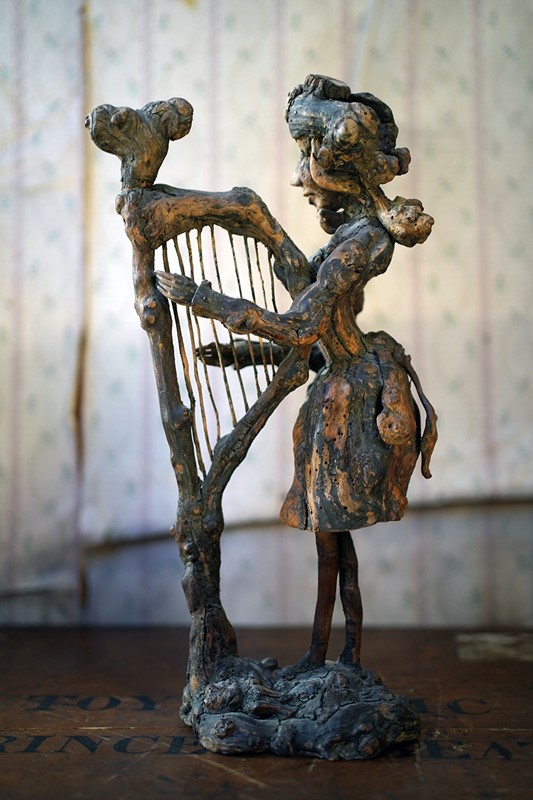 Unique Irish Carved Fruitwood & Burl Root Folk Art Figure Of A Lady & Harp-doe-and-hope-folkartharpfigure16-main-638048039580732652.jpg