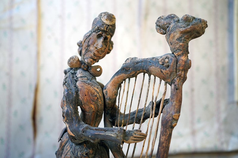 Unique Irish Carved Fruitwood & Burl Root Folk Art Figure Of A Lady & Harp-doe-and-hope-folkartharpfigure2-main-638048039176094015.jpg