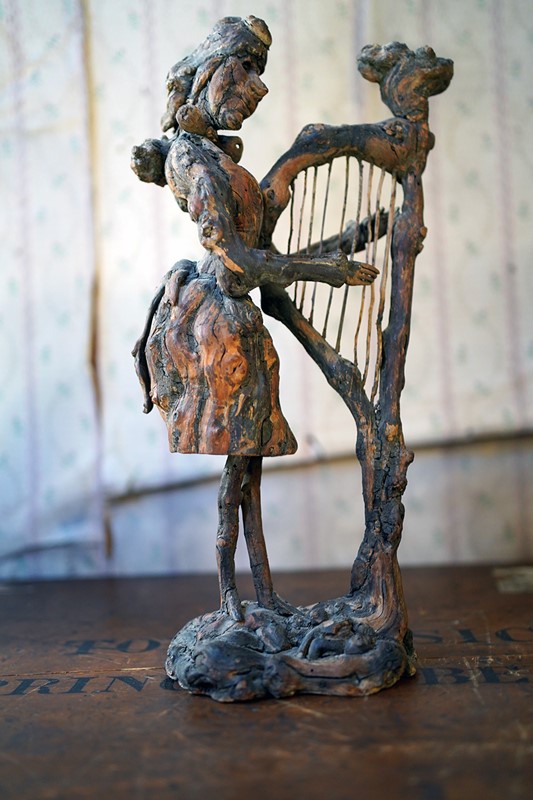 Unique Irish Carved Fruitwood & Burl Root Folk Art Figure Of A Lady & Harp-doe-and-hope-folkartharpfigure9-main-638048039336654220.jpg