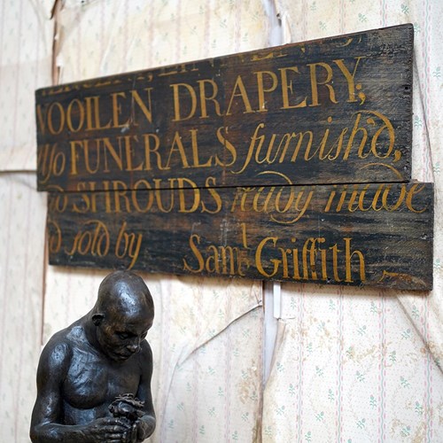 Fragmentary Early-Victorian Painted Pine Drapers & Undertakers Sign C.1850-60