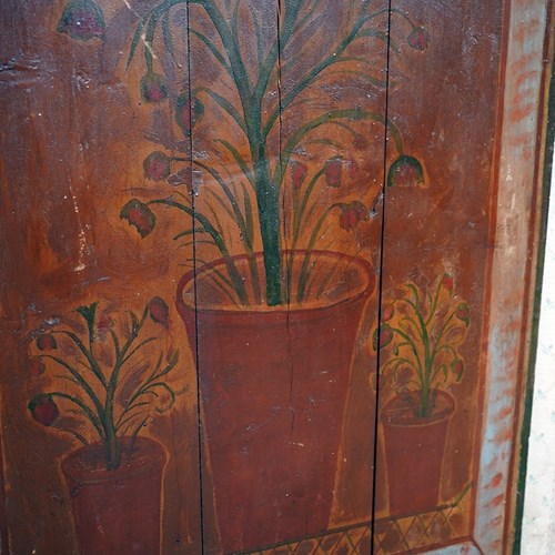 Large 19Thc Continental Folk Art Still Life Painted Panel Of Flowers In Pots