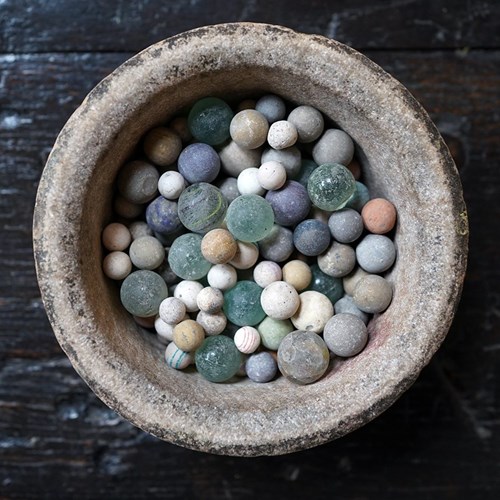 Late 19Thc Indian Marble Bowl Containing A Collection Of Clay & Glass Marbles