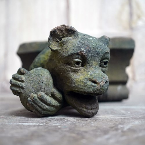 Rare Medieval Period Carved Stone Grotesque Holding A Coconut C.1300-1400