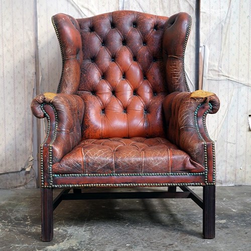 Mid 20Thc Oxblood Leather Button-Back Wingback Armchair