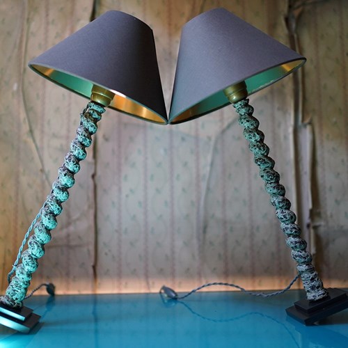 Pair Of Painted French Barley Twist Table Lamps