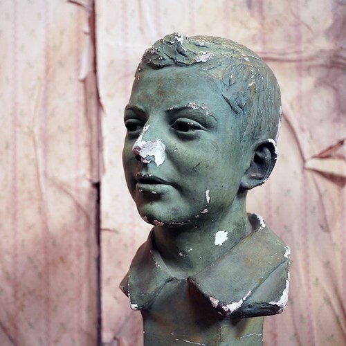 Early 20Thc Green Painted Plaster Bust Of A Youth C.1900-20