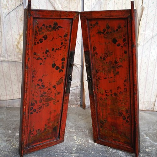 Pair Of Late 19Thc Chinese Red Lacquer Chinoiserie Cabinet Doors C.1890