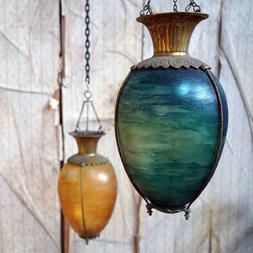 Pair Of Gilt Metal & Painted Glass Hanging Apothecary Display Carboys C.1891