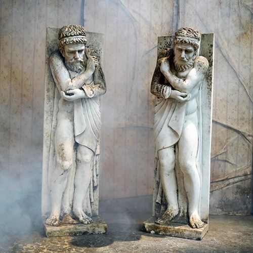 Pair Of Early/Mid 20Thc Italian Carved White Carrera Marble Atlantes Jambs