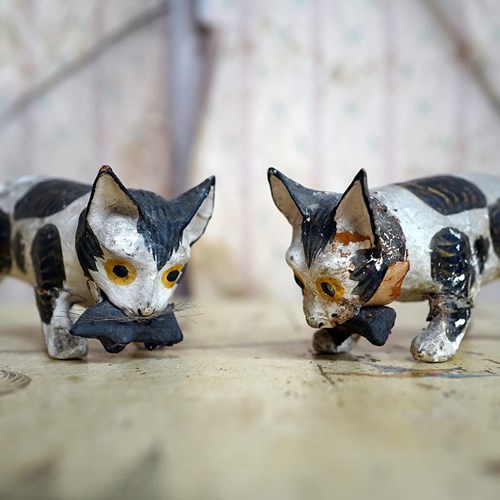 Rare Pair Of 19Thc Papier-Mâché Nodding Cats & Mice C.1880