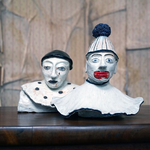 Two Studio Pottery Glazed Earthenware Busts Of Pierrot Clowns C.1970-90