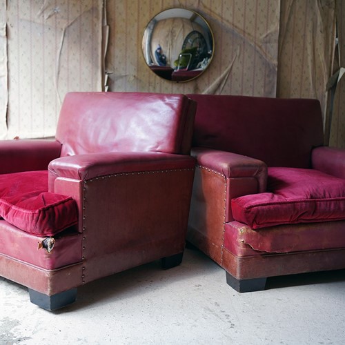 Pair of Red Leather & Velvet Club Armchairs c.1940