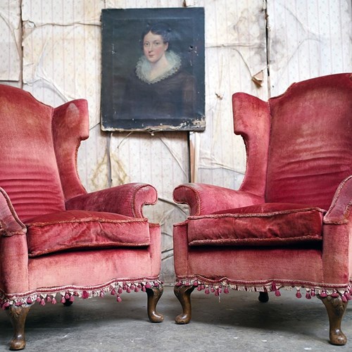 Pair Of Edwardian Period Country House Queen Anne Style Wingback Armchairs C1910