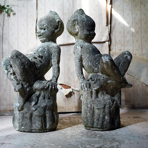 Unusual & Scarce Pair Of Early 20Thc Stone Garden Pixies C.1930