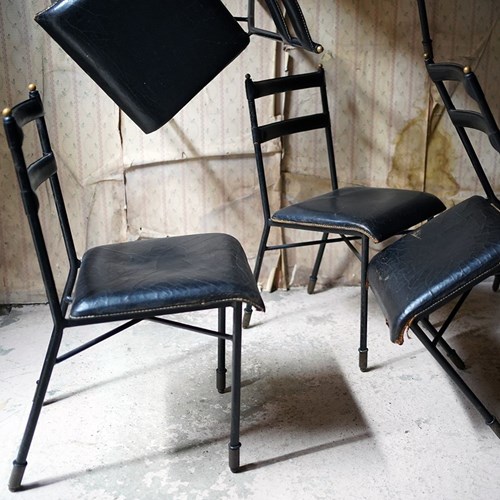 Set Of Six French Black Leather Dining Chairs By Jacques Adnet C.1950