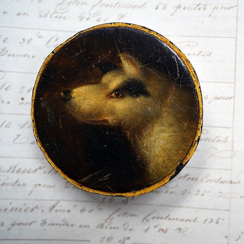 Mid-19Thc Papier-Mâché Snuff Box Painted With A Sheepdog C.1840