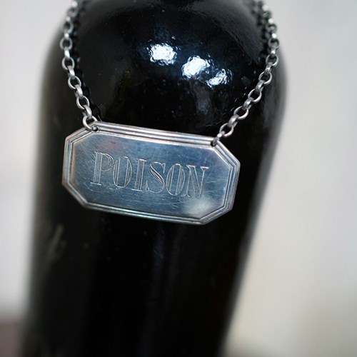 Silver Decanter Label For 'Poison'; CJ Vander; London 1979