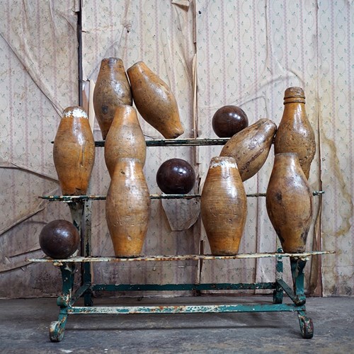 Set Of Nine Edwardian Period Skittles & Three Lignum Vitae Balls C.1900
