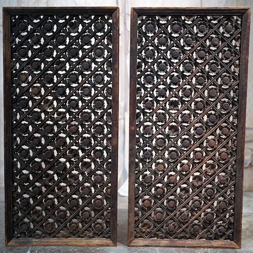 Rare Pair Of Yuan Dynasty Period Chinese Wooden Lattice Window Shutters C.1350