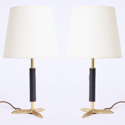 Pair Of Black Leather And Brass Table Lamps