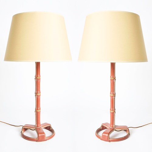 Pair Of Brown Leather Table Lamps By Jacques Adnet