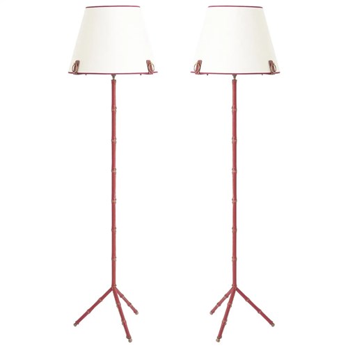 Pair Of Red Leather Floor Lamps By Jacques Adnet