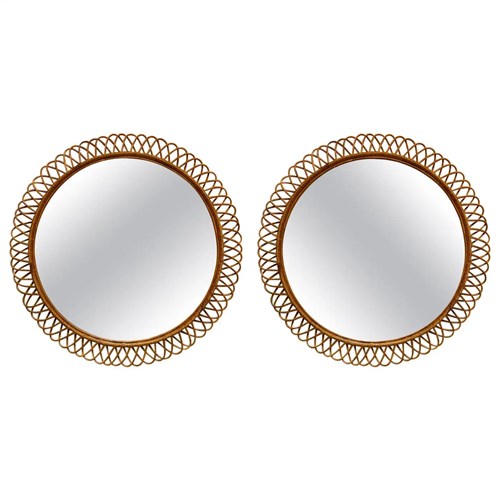 Pair Of Large Cane Round Mirrors