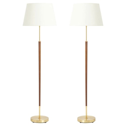 Pair Of Brass And Walnut Floor Lamps
