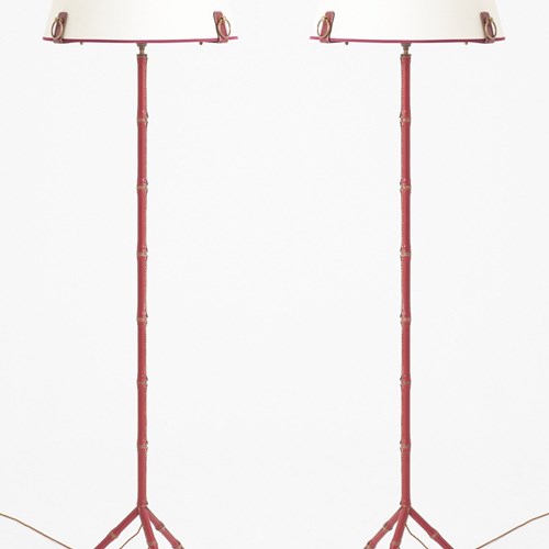 Pair Of Red Leather Floor Lamps By Jacques Adnet