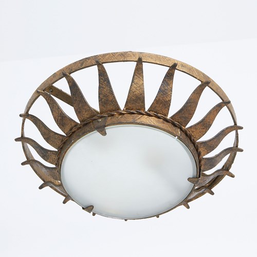 Gilt Iron And Glass Flush Ceiling Light