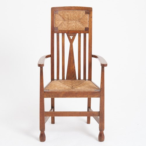 Arts & Crafts Oak And Rush Armchair