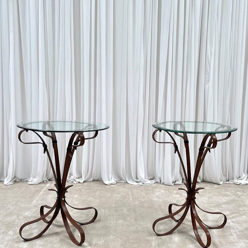 Jacques Adnet Style Metal Faux Leather Side Tables 