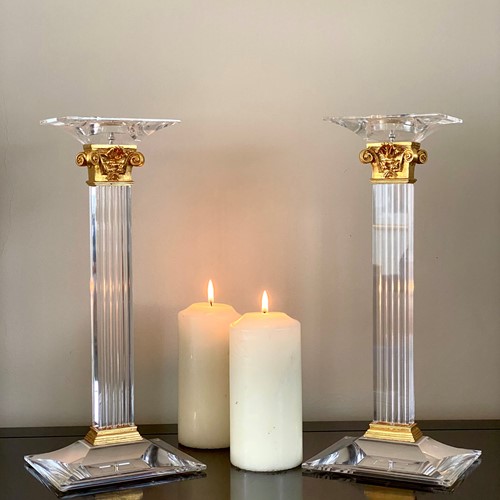 Lucite & Brass Candle Holders by Versace Vania.