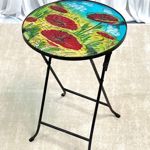 Foldable Pressed Glass & Hand-Painted Side Table  